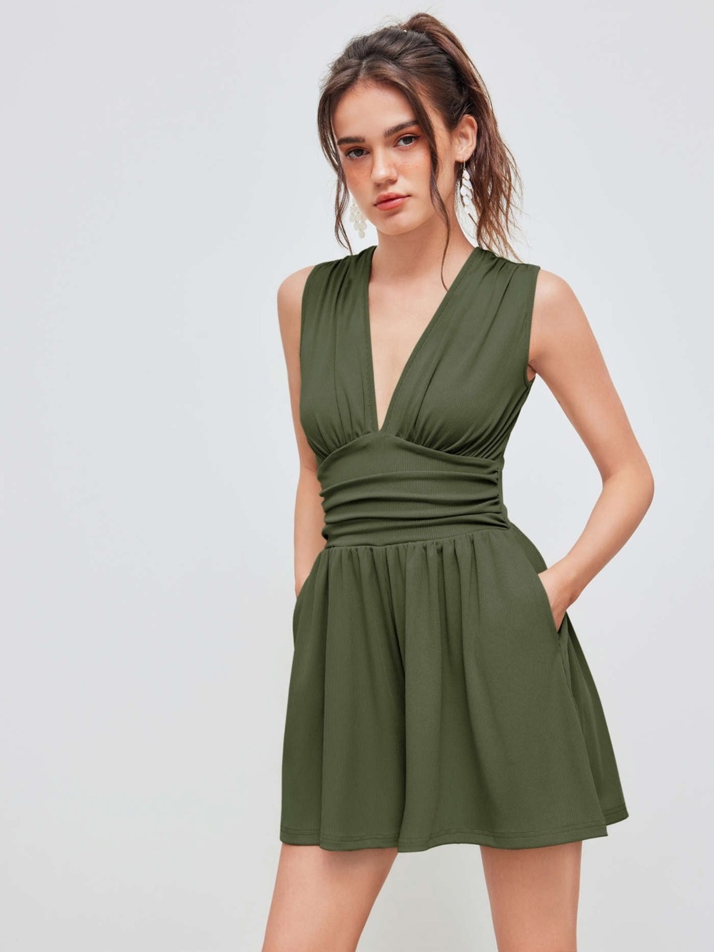 Cider Olive Green Sleeveless V-Neck Romper